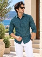 Mediterranean Teal Floral Print Casual Button-Down Shirt