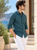 Mediterranean Teal Floral Print Casual Button-Down Shirt - Image 2
