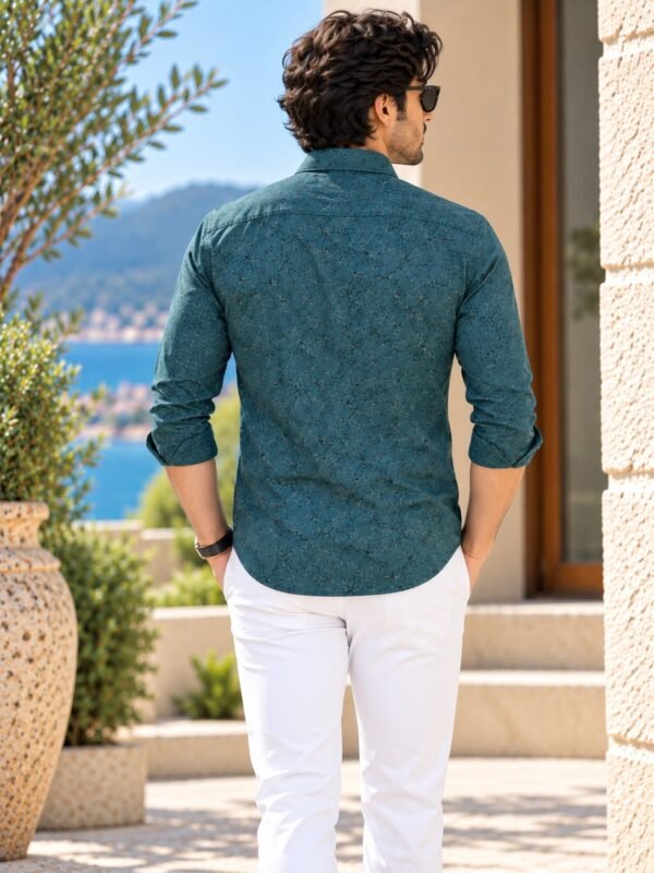 Mediterranean Teal Floral Print Casual Button-Down Shirt - Image 4