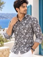 Mediterranean Charcoal Printed Linen-Blend Long Sleeve Shirt - Image 2