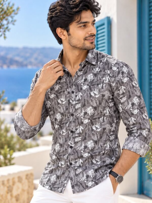 Mediterranean Charcoal Printed Linen-Blend Long Sleeve Shirt - Image 2