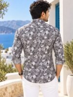 Mediterranean Charcoal Printed Linen-Blend Long Sleeve Shirt - Image 4