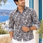 Mediterranean Charcoal Printed Linen-Blend Long Sleeve Shirt