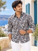 Mediterranean Charcoal Printed Linen-Blend Long Sleeve Shirt
