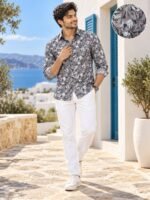 Mediterranean Charcoal Printed Linen-Blend Long Sleeve Shirt - Image 3