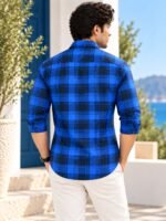 Men's Modern Royal Blue Plaid Button-Down Shirt - Image 2