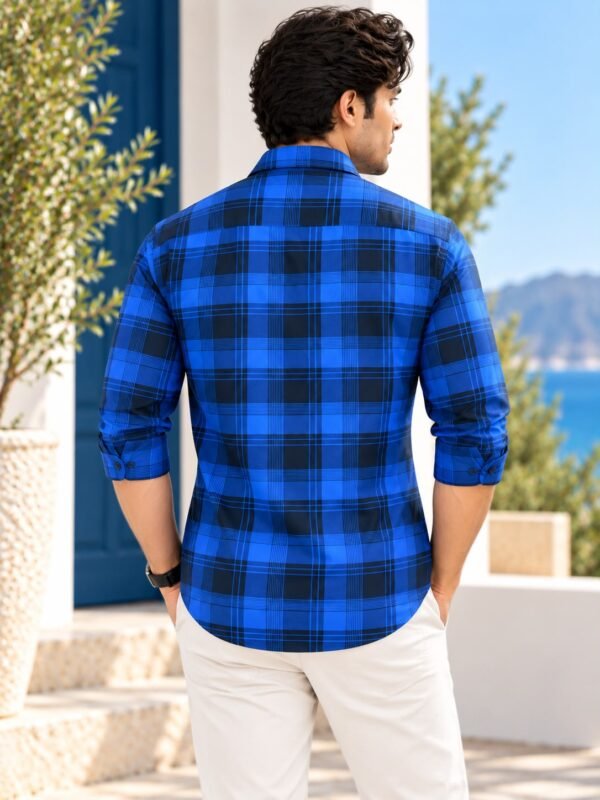 Men's Modern Royal Blue Plaid Button-Down Shirt - Image 2