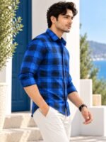 Men's Modern Royal Blue Plaid Button-Down Shirt - Image 4