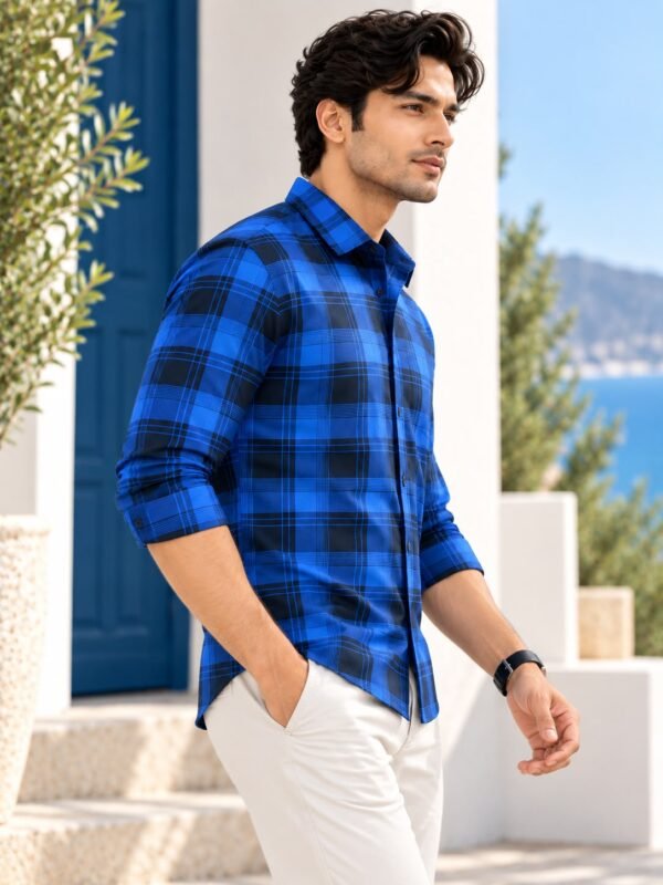 Men's Modern Royal Blue Plaid Button-Down Shirt - Image 4