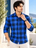 Men's Modern Royal Blue Plaid Button-Down Shirt