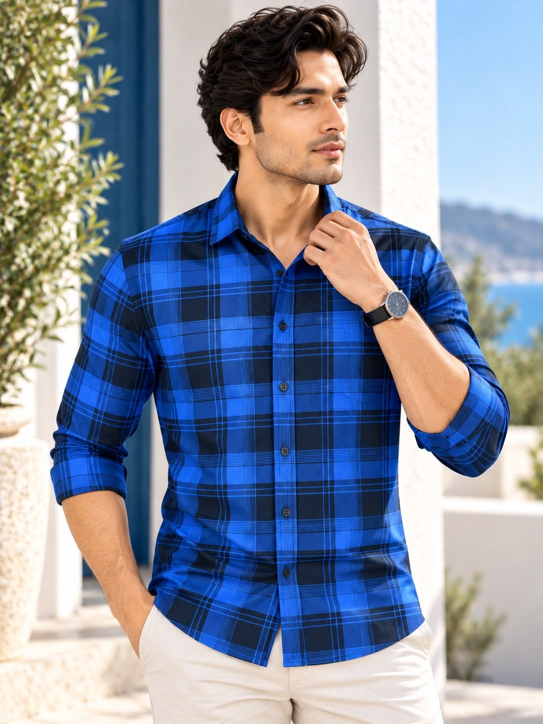 2026/09/1001661210.jpg Men's Modern Royal Blue Plaid Button-Down Shirt - Image 1