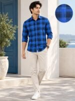 Men's Modern Royal Blue Plaid Button-Down Shirt - Image 3