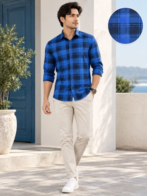 Men's Modern Royal Blue Plaid Button-Down Shirt - Image 3
