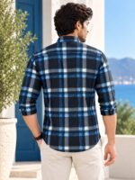 Men's Premium Blue and Black Plaid Long Sleeve Button-Down Shirt - Image 3