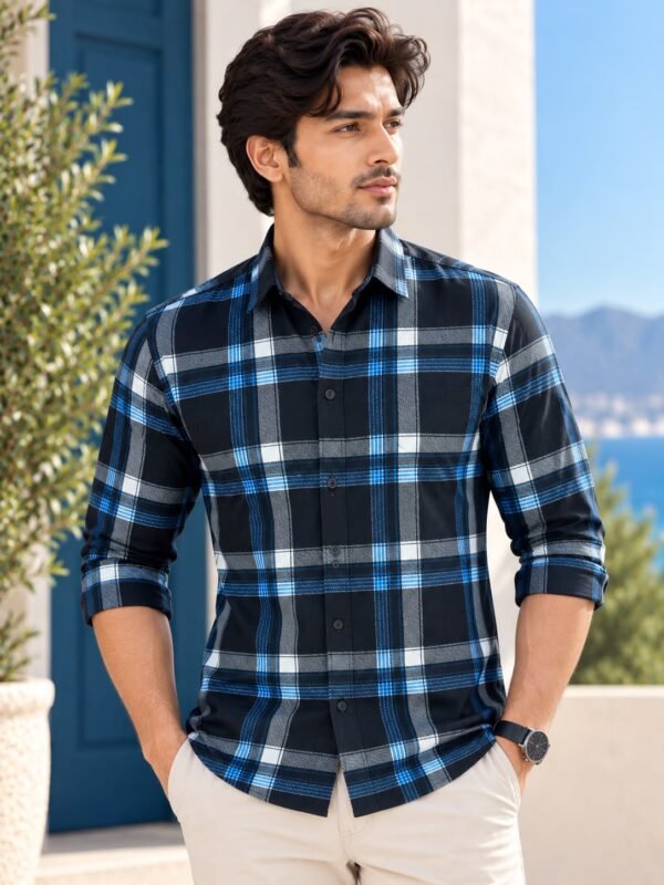 Men's Premium Blue and Black Plaid Long Sleeve Button-Down Shirt - Image 2