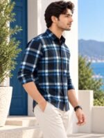 Men's Premium Blue and Black Plaid Long Sleeve Button-Down Shirt - Image 4