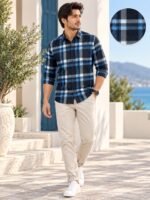 Men's Premium Blue and Black Plaid Long Sleeve Button-Down Shirt