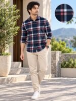 Premium Navy & Red Plaid Button-Down Casual Shirt