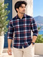 Premium Navy & Red Plaid Button-Down Casual Shirt - Image 3