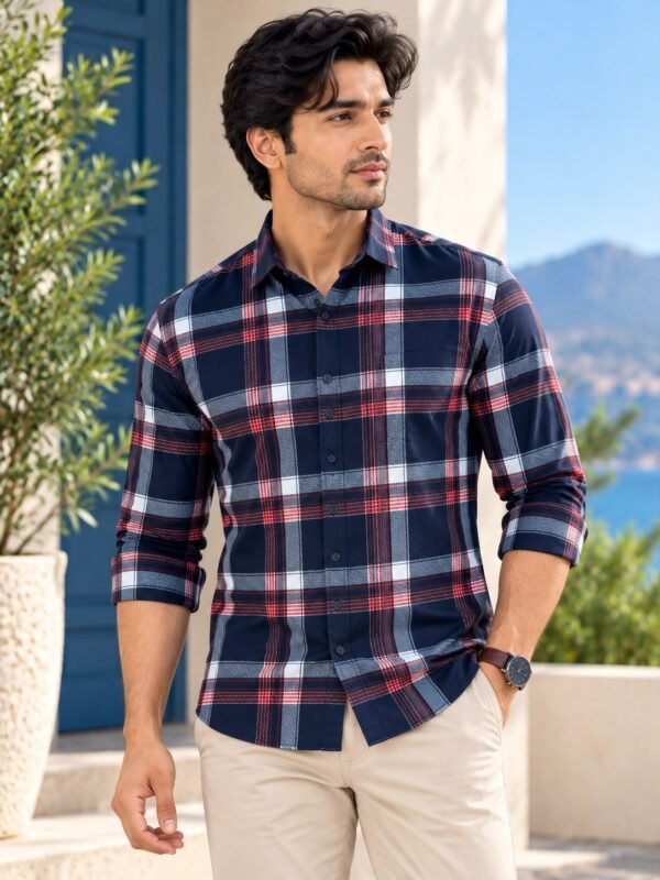 Premium Navy & Red Plaid Button-Down Casual Shirt - Image 3