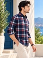 Premium Navy & Red Plaid Button-Down Casual Shirt - Image 4