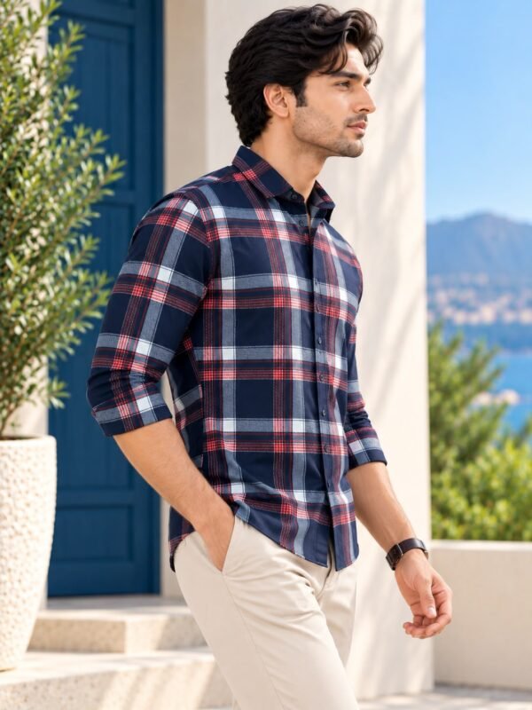 Premium Navy & Red Plaid Button-Down Casual Shirt - Image 4