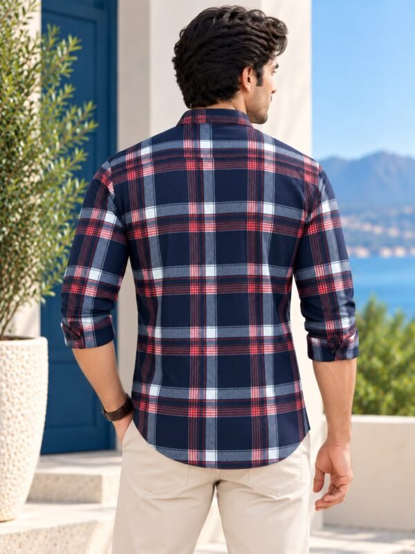 Premium Navy & Red Plaid Button-Down Casual Shirt - Image 2
