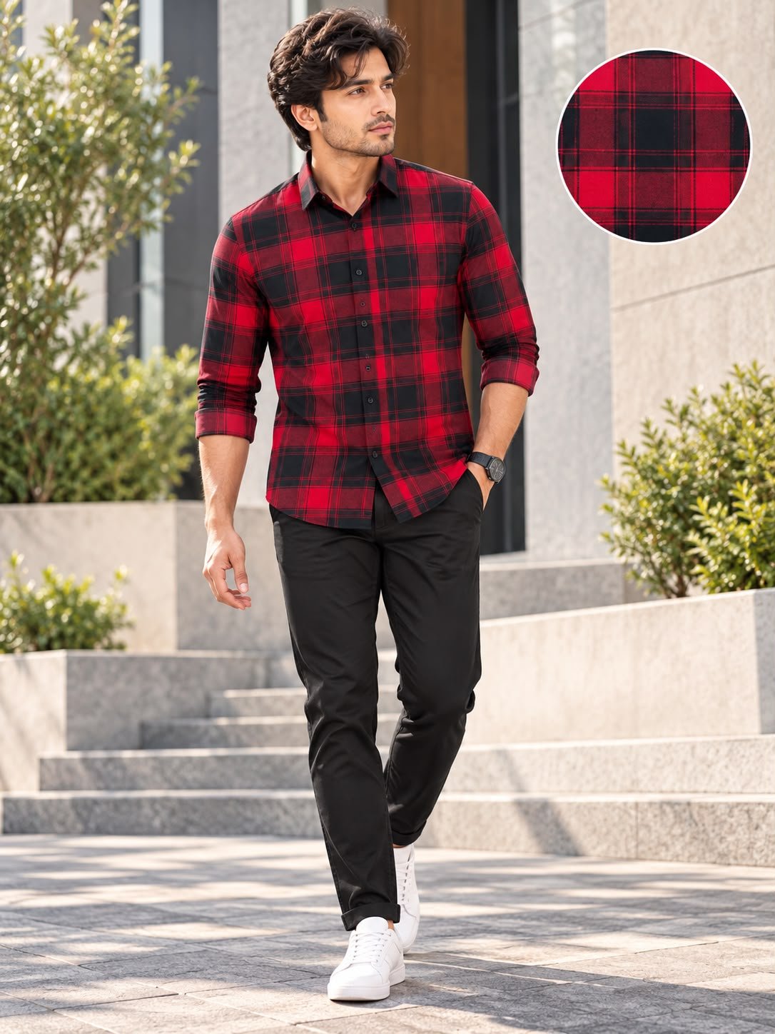 2026/09/1001661425.jpg Men's Premium Red and Black Plaid Flannel Button-Down Shirt - Image 1