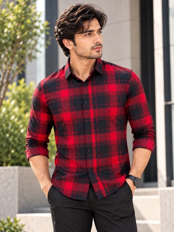 Men's Premium Red and Black Plaid Flannel Button-Down Shirt - Image 3