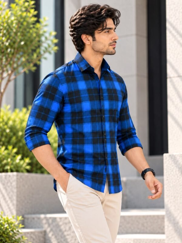 Modern Cobalt & Black Plaid Long Sleeve Button-Down Shirt - Image 3