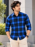 Modern Cobalt & Black Plaid Long Sleeve Button-Down Shirt