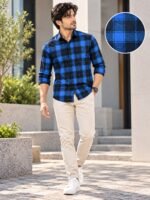 Modern Cobalt & Black Plaid Long Sleeve Button-Down Shirt - Image 2