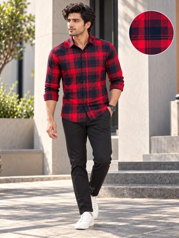 Classic Men's Red and Black Plaid Flannel Button-Down Shirt - Image 4