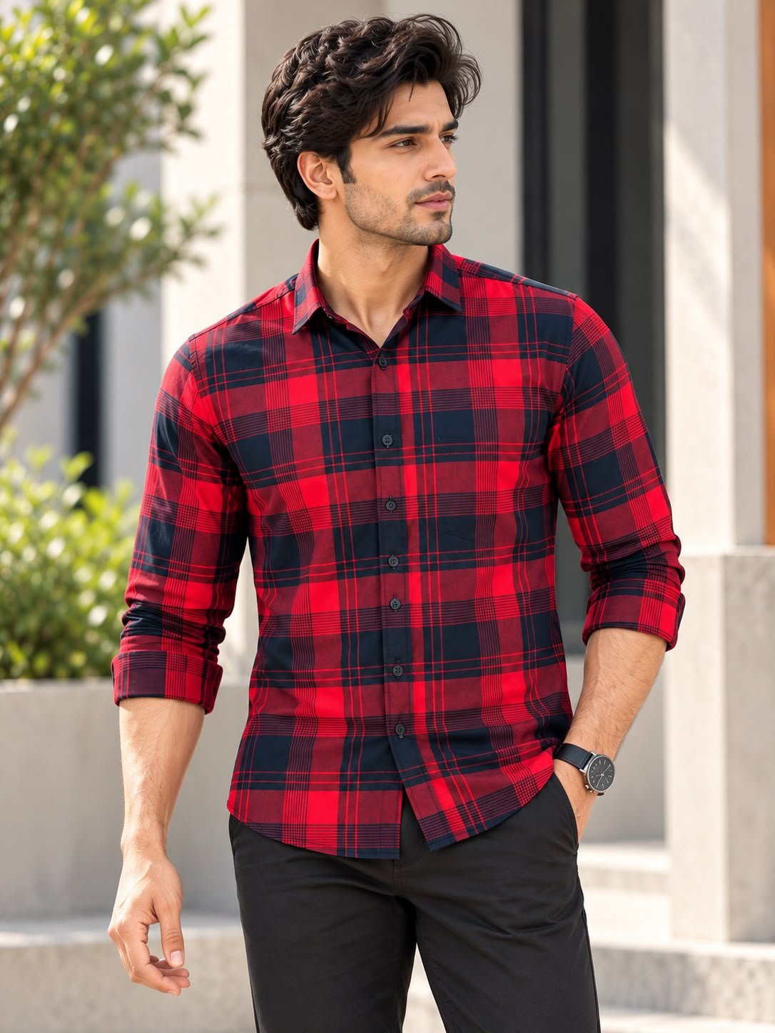2026/09/1001661458.jpg Classic Men's Red and Black Plaid Flannel Button-Down Shirt - Image 1