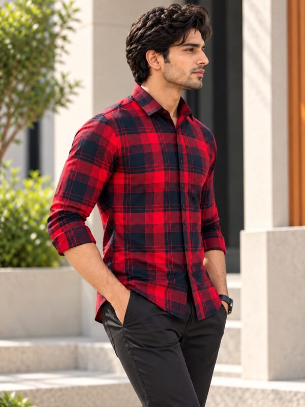Classic Men's Red and Black Plaid Flannel Button-Down Shirt - Image 3