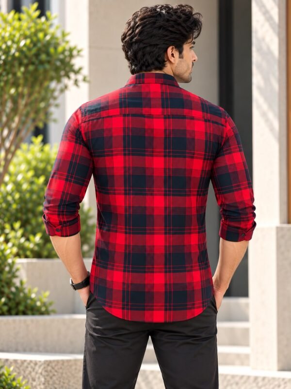 Classic Men's Red and Black Plaid Flannel Button-Down Shirt - Image 2