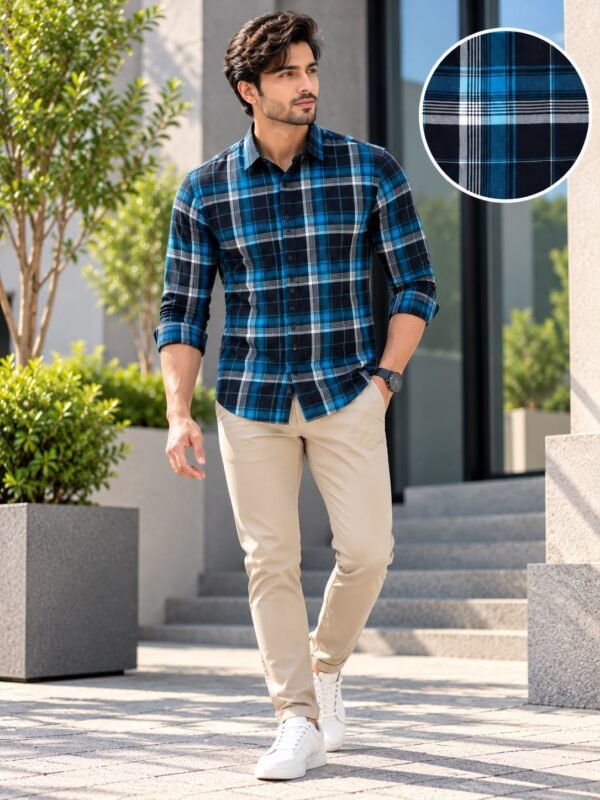 Men's Modern Blue and Black Plaid Flannel Casual Shirt - Image 3