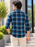 Men's Modern Blue and Black Plaid Flannel Casual Shirt - Image 4