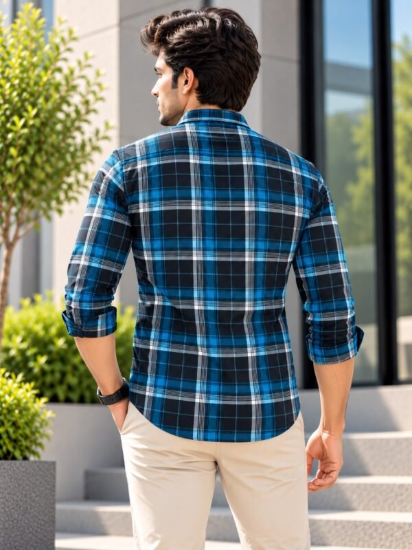 Men's Modern Blue and Black Plaid Flannel Casual Shirt - Image 4