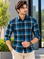 Men's Modern Blue and Black Plaid Flannel Casual Shirt - Image 2