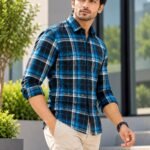 Men's Modern Blue and Black Plaid Flannel Casual Shirt