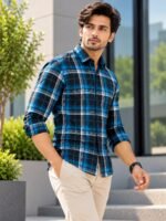 Men's Modern Blue and Black Plaid Flannel Casual Shirt