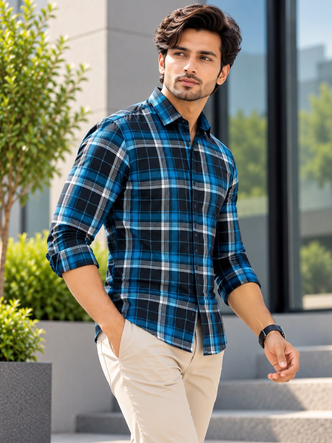 2026/09/1001663004.jpg Men's Modern Blue and Black Plaid Flannel Casual Shirt - Image 1