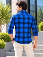 Electric Blue Men's Statement Plaid Button-Down Shirt - Image 3