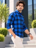 Electric Blue Men's Statement Plaid Button-Down Shirt - Image 2