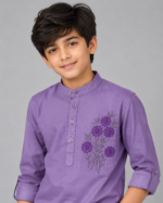 Boys' Purple Mandarin Collar Embroidered Kurta Shirt