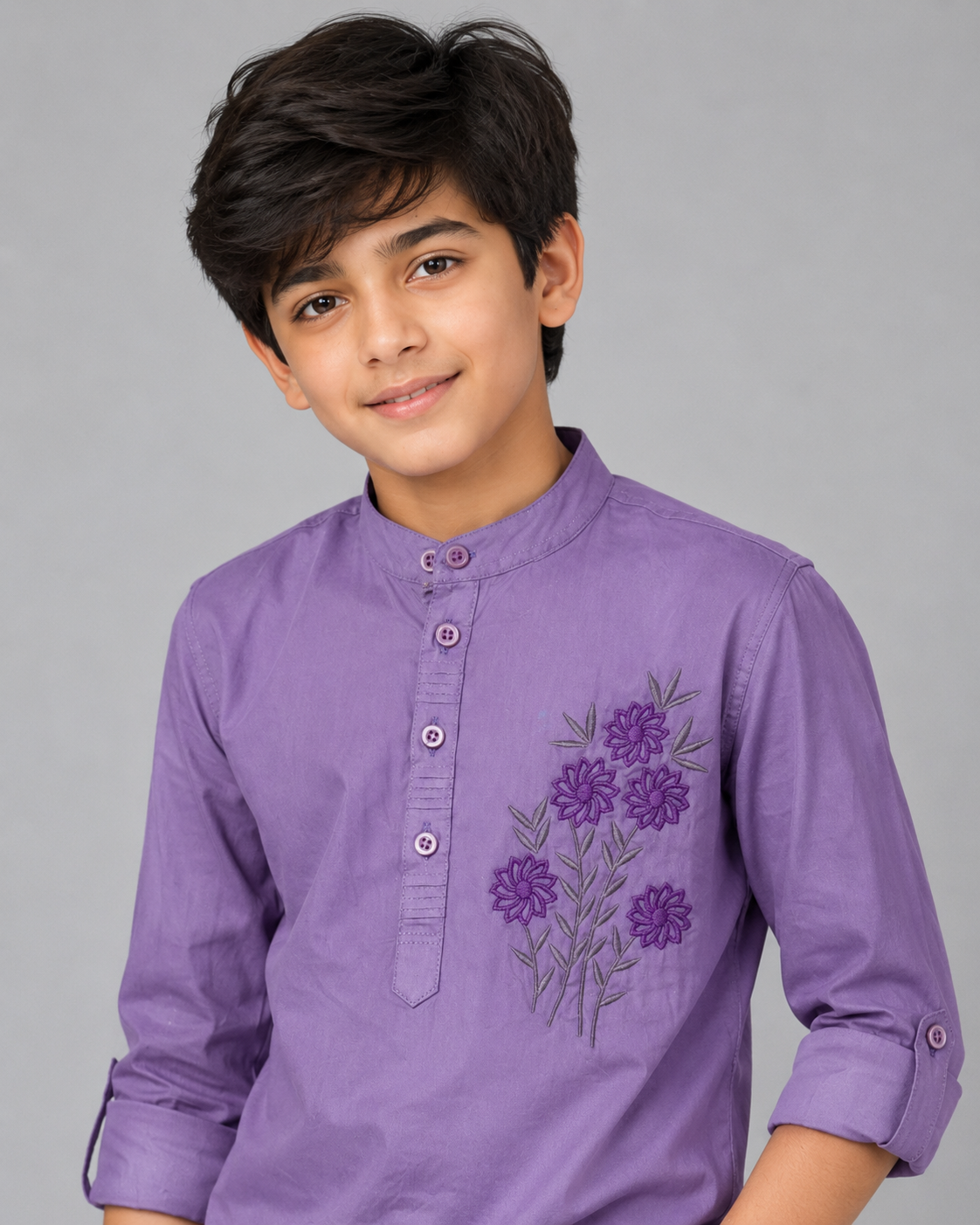 1716aae6-26e6-47f6-9477-6d12bc19712e Boys' Purple Mandarin Collar Embroidered Kurta Shirt - Image 1
