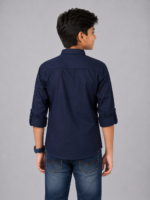 Boys' Navy Blue Dandelion Embroidered Mandarin Collar Kurta Shirt - Image 3