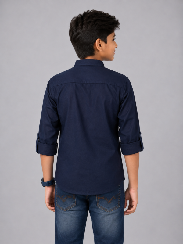 Boys' Navy Blue Dandelion Embroidered Mandarin Collar Kurta Shirt - Image 3