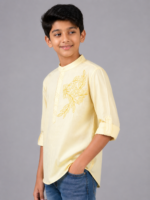 Boys Pastel Yellow Embroidered Mandarin Collar Kurta - Image 2